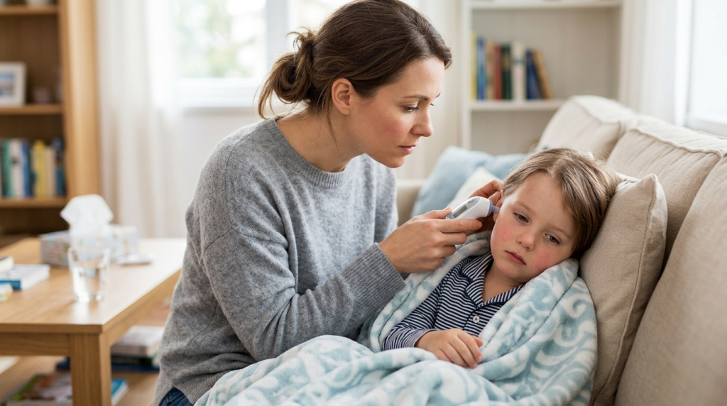 Child Fever: What Is Normal and What Isn’t Parent checking child’s fever at home with thermometer
