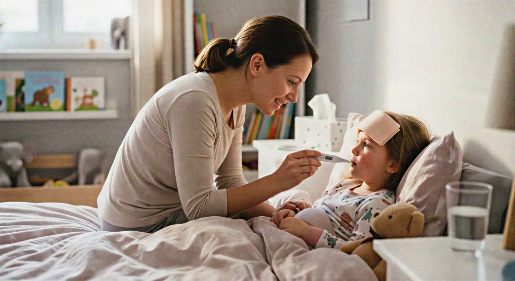 Child Fever: What Is Normal and What Isn’t mother checking childs temperature with thermometer for fever