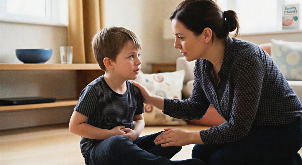 Primary healthcare nurse demonstrating how to comfort a child with constipation discomfort.