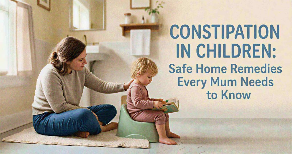 Mother comforting toddler on potty with gentle hand on back for constipation relief at home