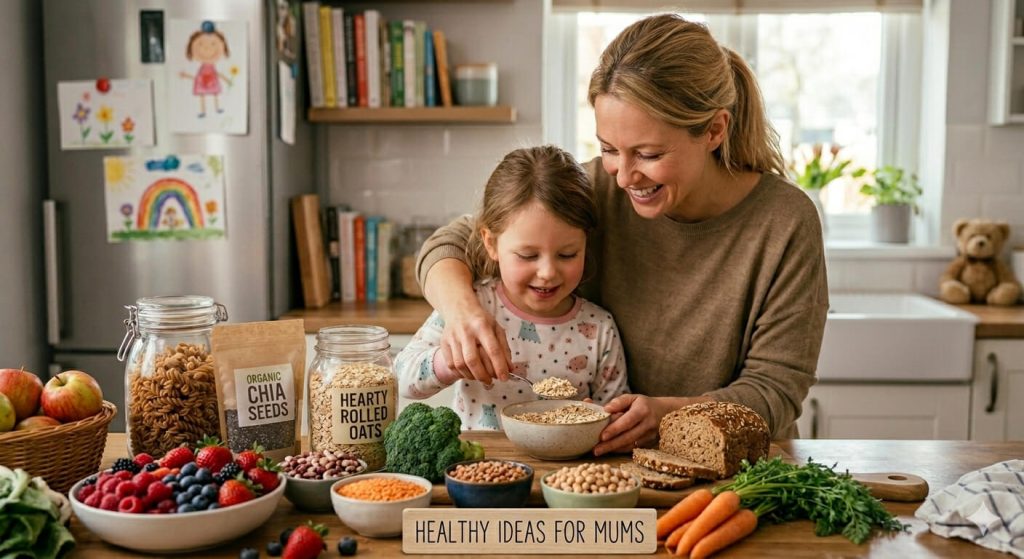 Primary healthcare nurse showing high-fibre foods like oats and berries for child constipation relief.