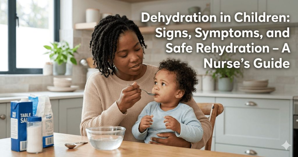 Dehydration in Children: Signs, Symptoms, and Safe Rehydration – A Nurse's Guide A mother gently offering a teaspoon of oral rehydration solution to her young child in a bright home kitchen.