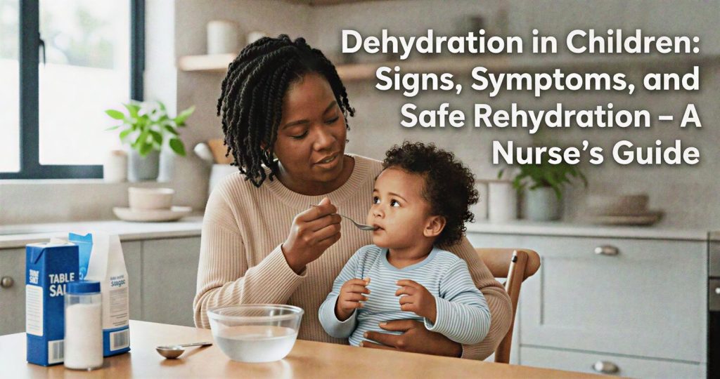 A mother gently offering a teaspoon of oral rehydration solution to her young child in a bright home kitchen.
