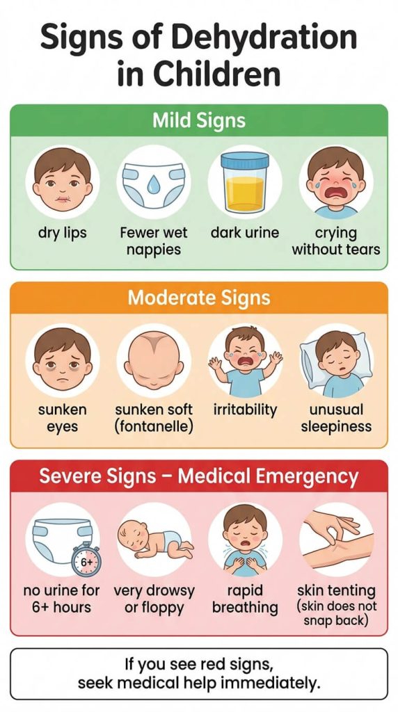 Infographic showing signs of dehydration in children using a traffic light system. Green is for mild signs, orange is for moderate signs, and red is for severe emergency signs.