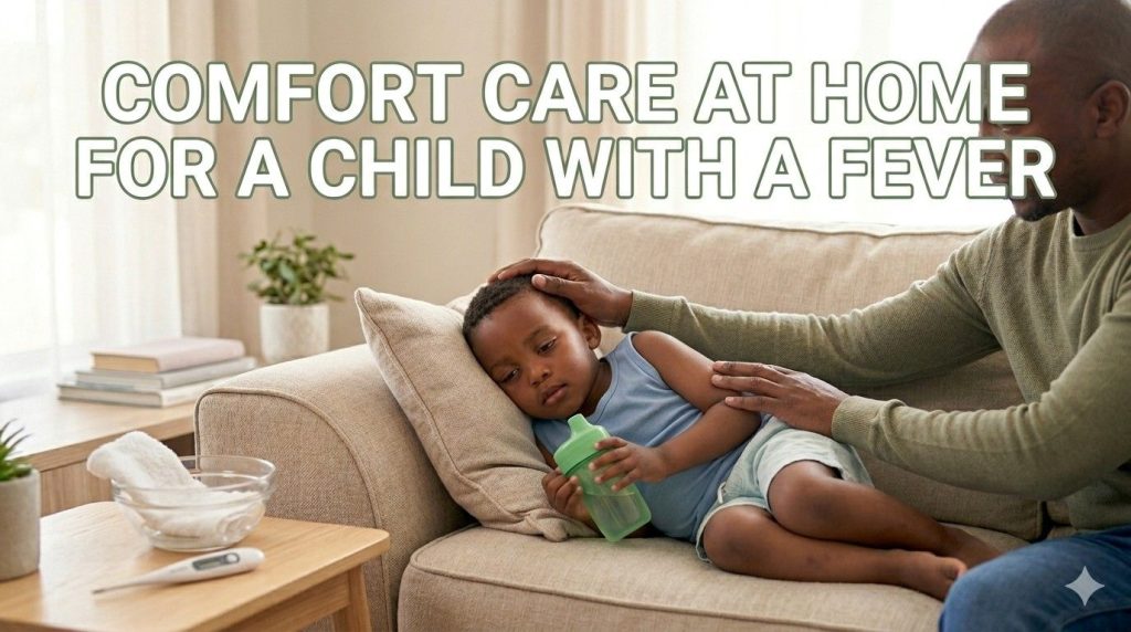 Child resting at home with fever, with water and thermometer nearby