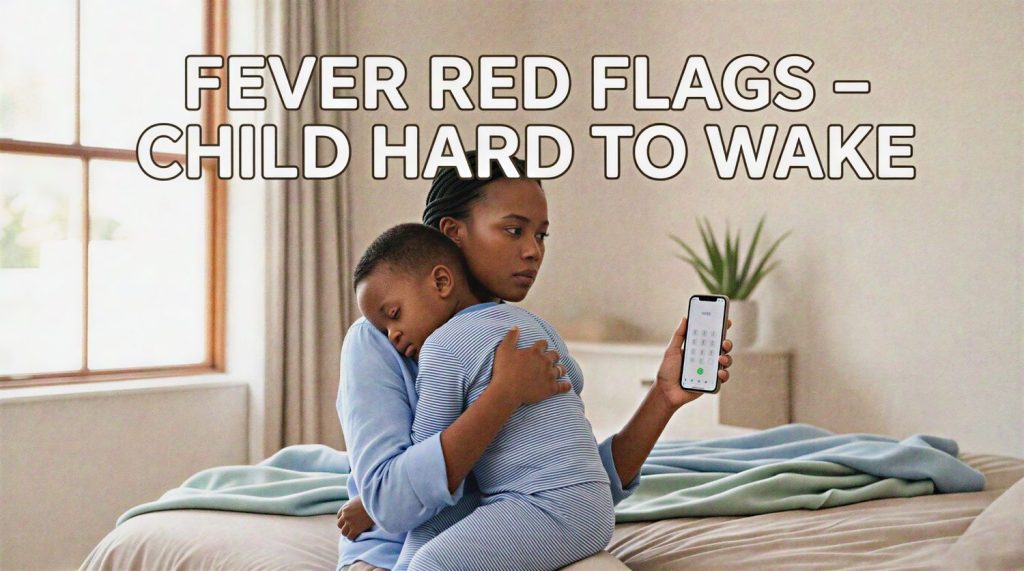 South African mother checking on her sleepy child during a fever, deciding whether to go to the hospital