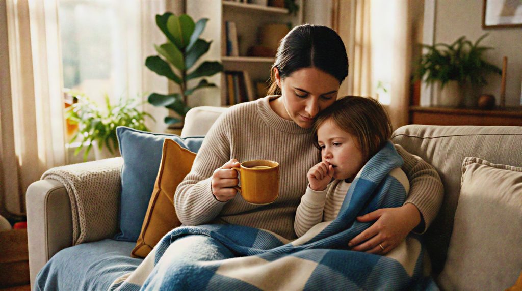 Cough in Children: Types and Safe Ways to Manage at Home Parent sitting with coughing child on sofa, offering warm honey and lemon drink for home care of childhood cough.