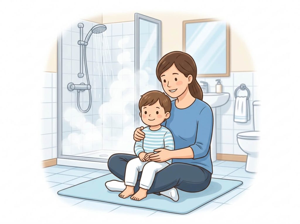 Cough in Children: Types and Safe Ways to Manage at Home Parent sitting with child on lap in steamy bathroom to help ease croup cough symptoms at home.