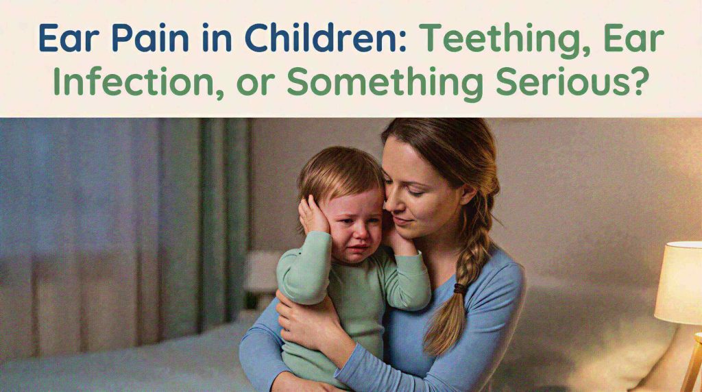 toddler with ear pain being comforted by parent at night