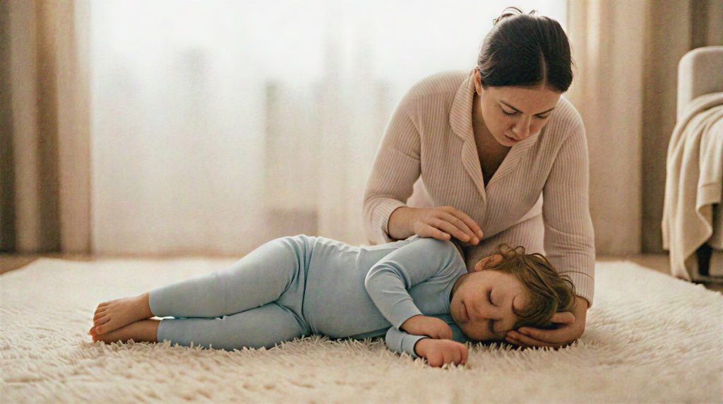 Recovery position for a child during a febrile seizure. Lay child on their side with head supported and knee bent for stability.