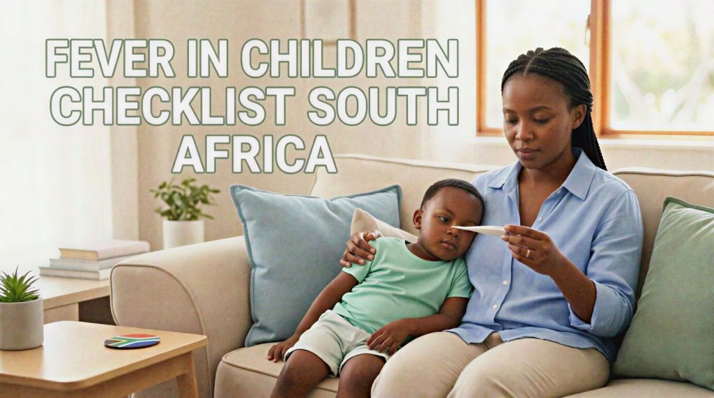 A South African mother checking her child's temperature with a digital thermometer at home