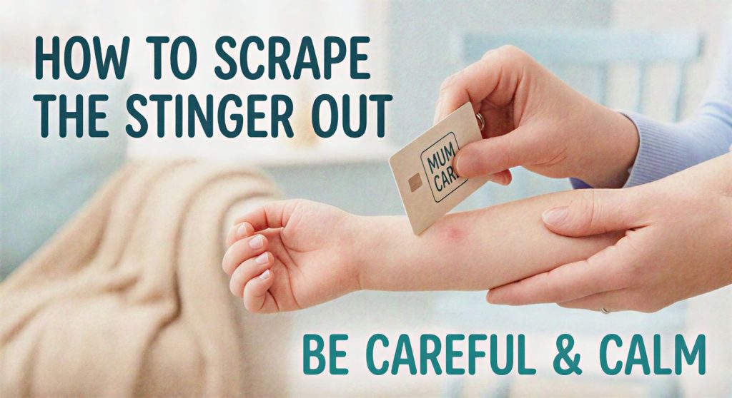hand scraping bee stinger with bank card: how to treat bug bites in children