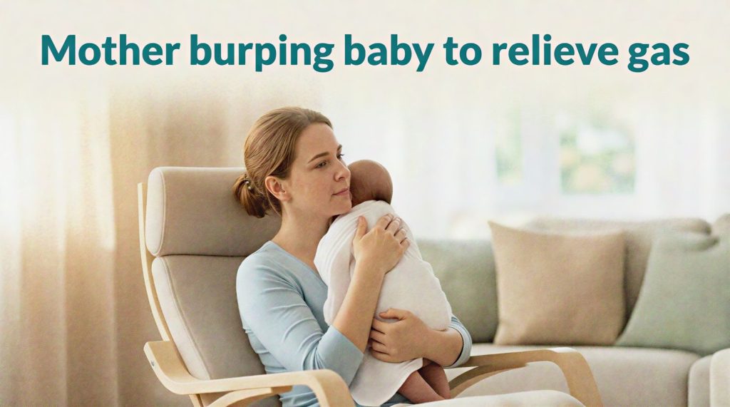 Mother burping baby over shoulder to relieve trapped gas