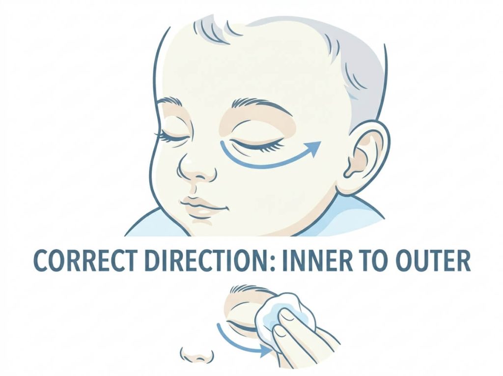 Red Eyes in Babies: Conjunctivitis vs Irritation – A Nurse's Guide Illustration showing correct direction to clean a baby