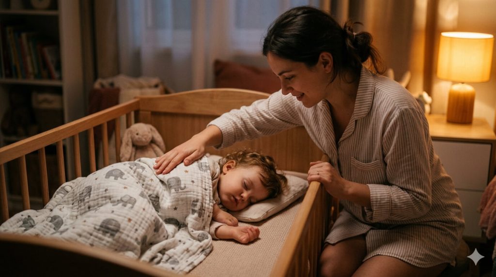 Mother is gently checking her sleeping child's forehead for rising temperature at night. Calm nighttime fever care.