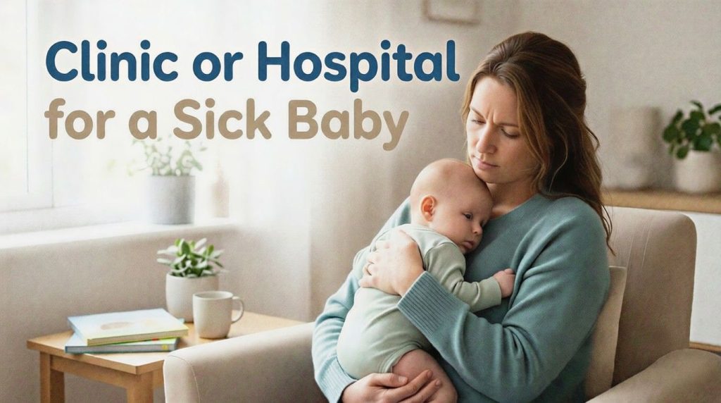 Clinic or Hospital for a Sick Baby? Emergency Warning Signs Parents Should Know Mother deciding whether to take sick baby to clinic or hospital
