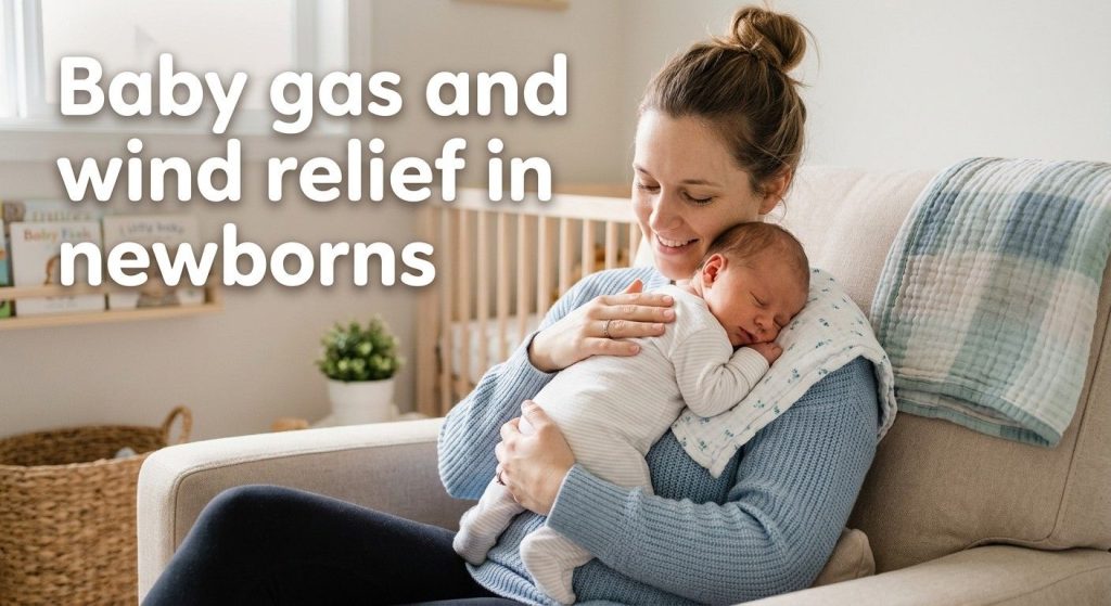 Mother soothing the newborn baby with trapped wind after feeding