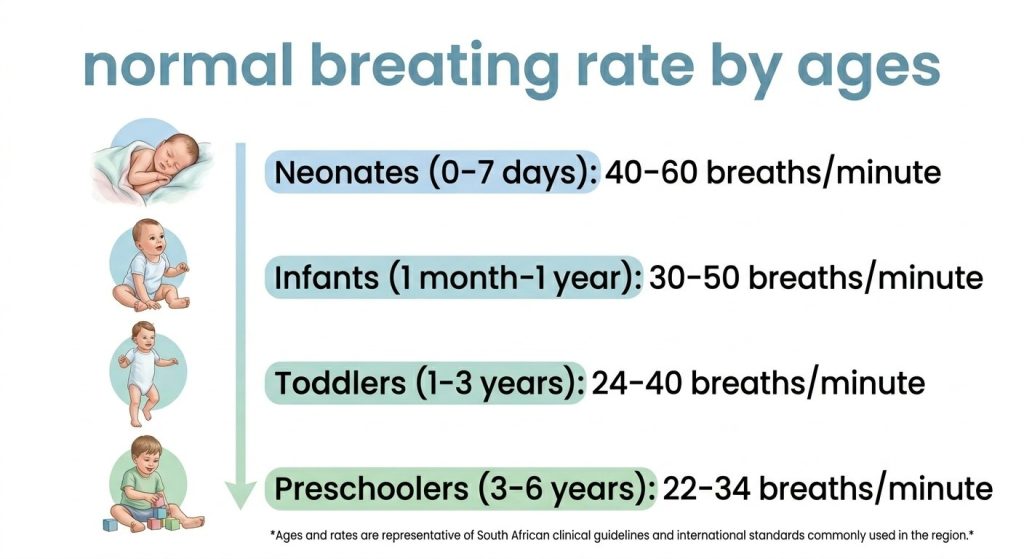 An infographic showing normal baby breathing rates by age, newborn to toddler