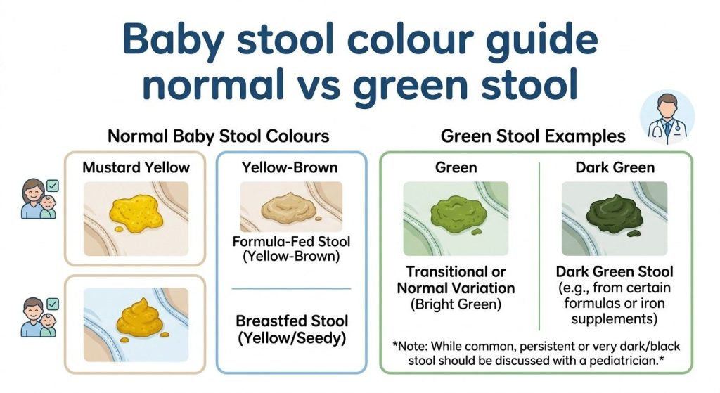 Green Poop in Babies: Common Causes and When to Worry Baby stool colour chart showing normal yellow and green stool comparison