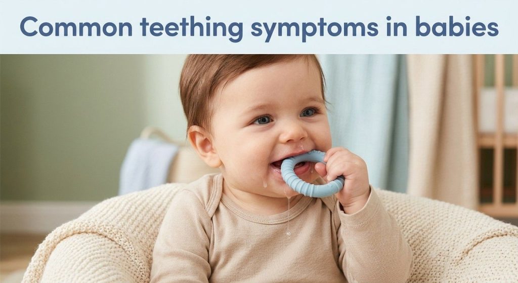 TEETHING IN BABIES: SYMPTOMS – WHAT’S NORMAL VS NOT Baby is chewing a teething toy, showing drooling and gum discomfort