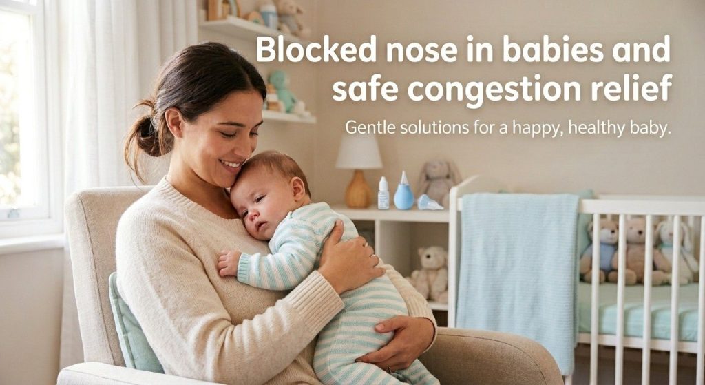 Blocked Nose in Babies: Safe Ways to Clear Congestion and Help Your Baby Breathe Easier Mother comforting a congested baby with a blocked nose