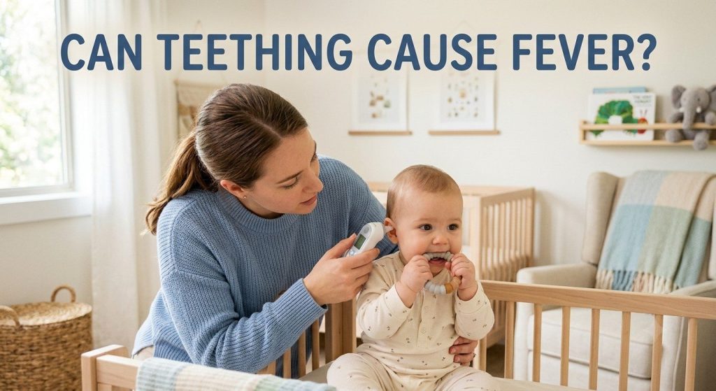 Mother is checking the baby's temperature during teething.