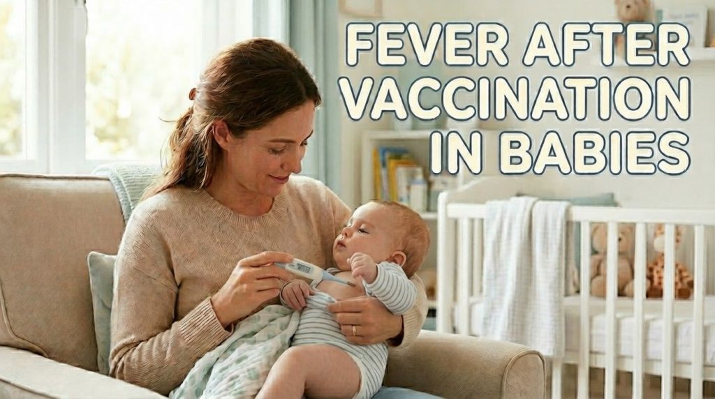 Parent checking baby's temperature after vaccination