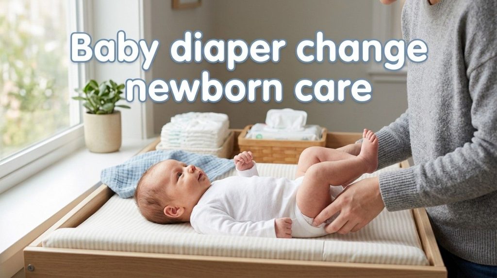 A parent gently changes the baby's diaper, checking stool during routine care