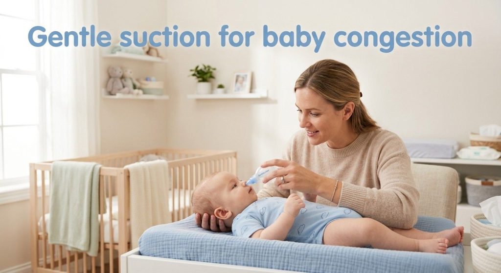 Blocked Nose in Babies: Safe Ways to Clear Congestion and Help Your Baby Breathe Easier Parent using a nasal aspirator to clear baby