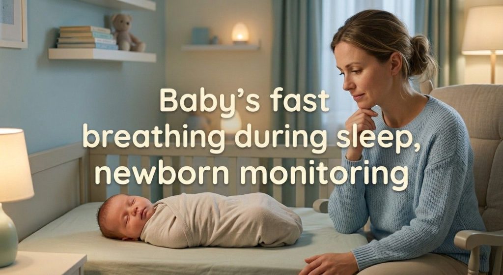 Baby sleeping with slightly fast breathing pattern monitored by parent