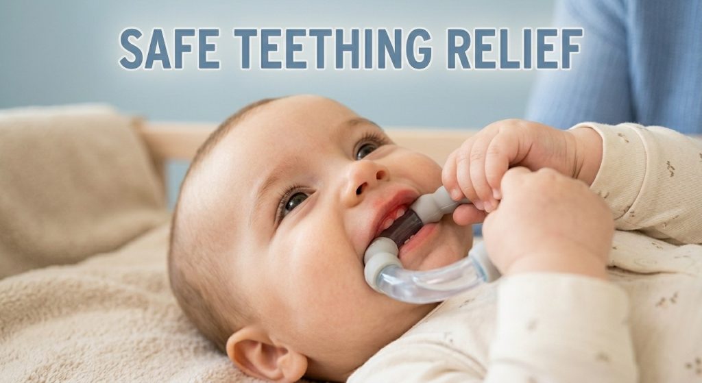 Can Teething Cause Fever? What Parents Need to Know Baby is using a chilled teething ring for teething relief.