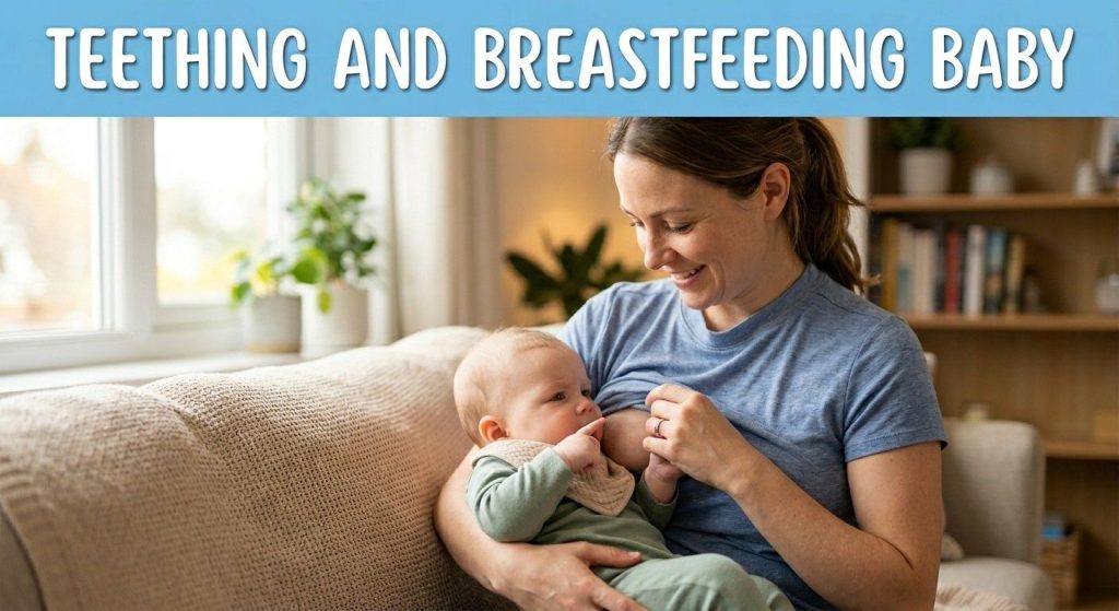 Mother breastfeeding a teething baby who is feeding less.