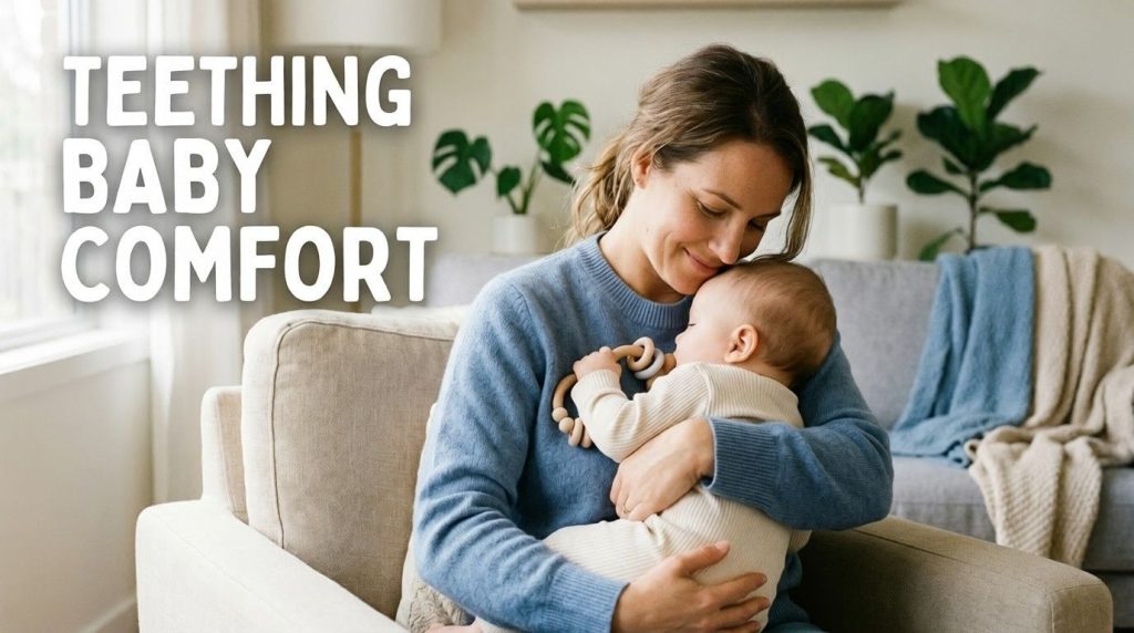 Teething in Babies: The Complete Nurse’s Guide to Symptoms, Myths, Relief & When to Worry Mother comforting teething baby at home
