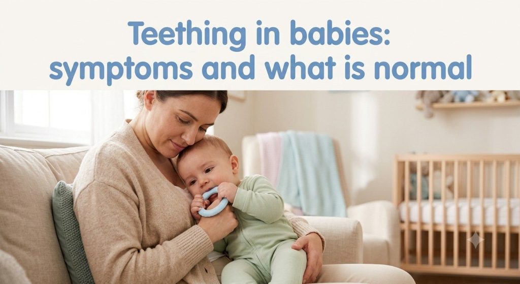 Mother soothing a teething baby with a chilled teething ring at home
