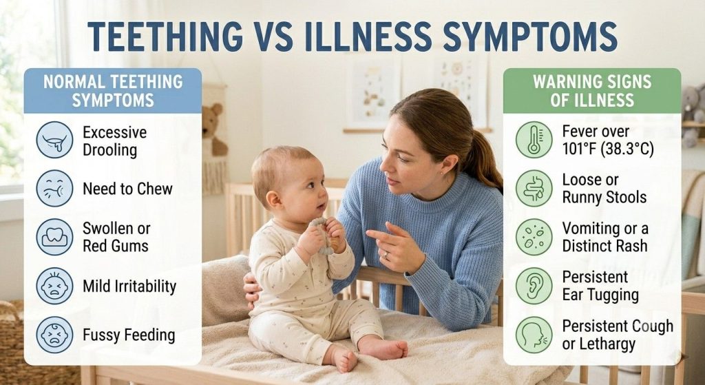 Can Teething Cause Fever? What Parents Need to Know Teething symptoms versus illness symptoms infographic.