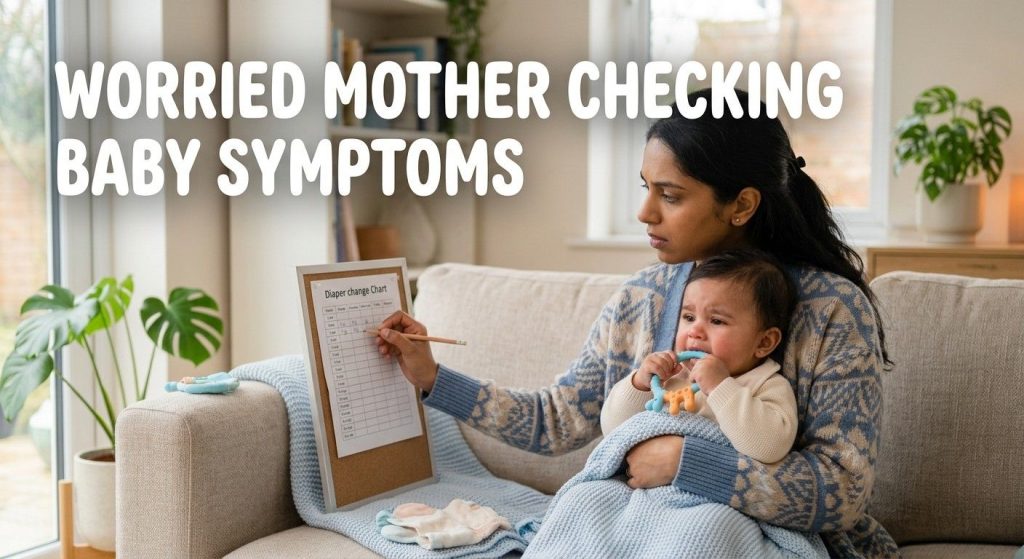 Teething and Diarrhoea: Is It Really Caused by Teething? Mother holding teething baby while checking symptoms of diarrhoea