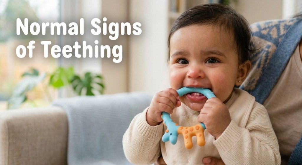Teething vs Illness: How to Tell the Difference Baby chewing on a teething ring during normal teething