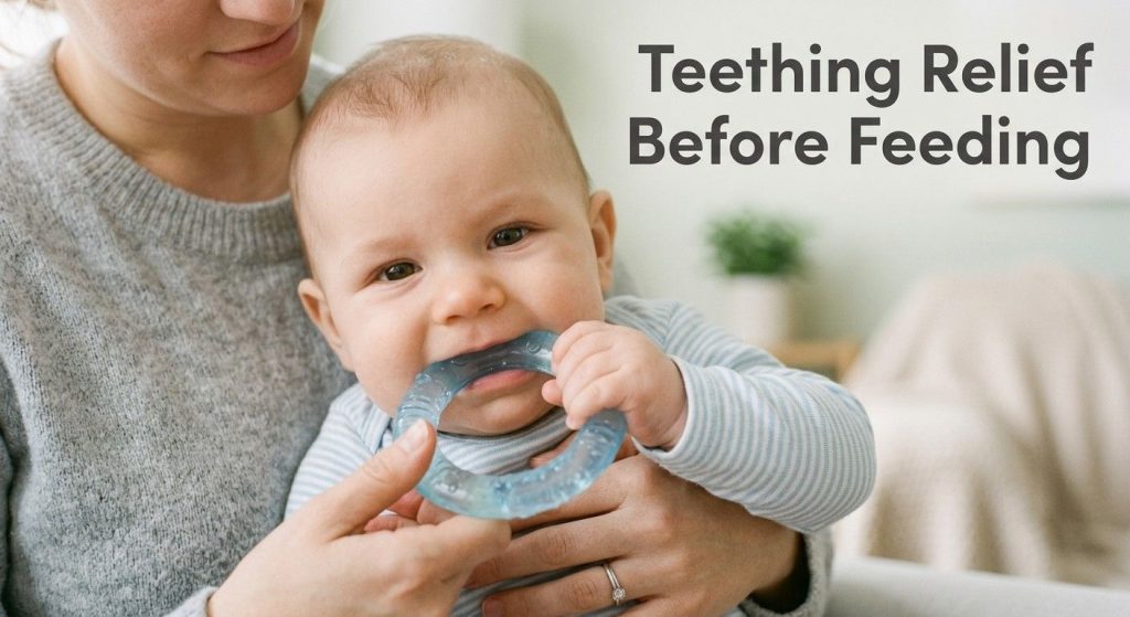 A baby is chewing chilled teething ring for teething pain relief before feeding