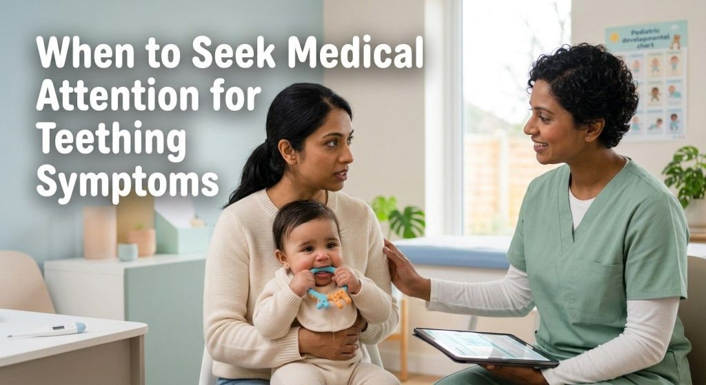 Teething vs Illness: How to Tell the Difference Mother consulting a nurse about symptoms that may not be caused by teething.
